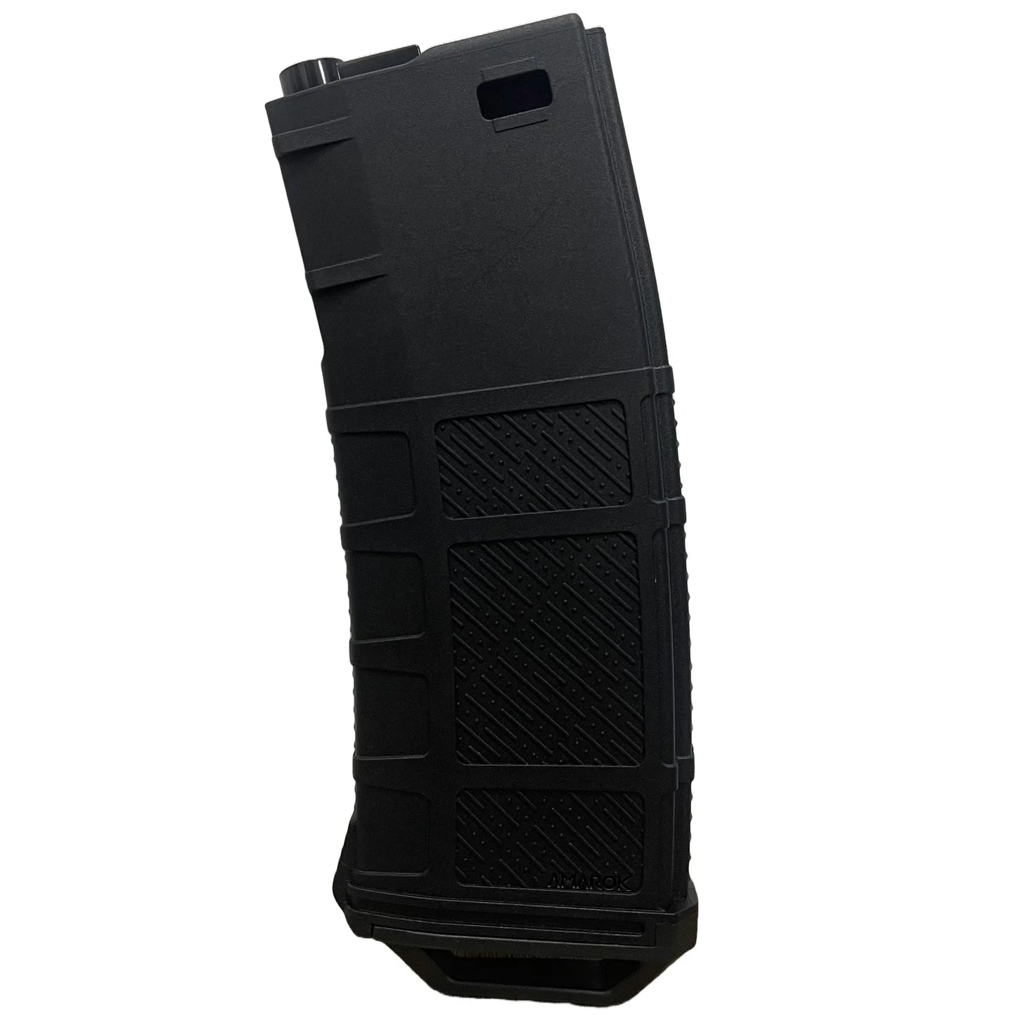 Black airsoft magazine on a white background