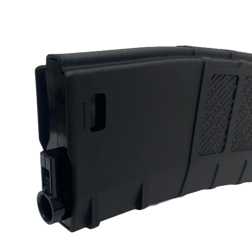 Black airsoft magazine on a white background, top view