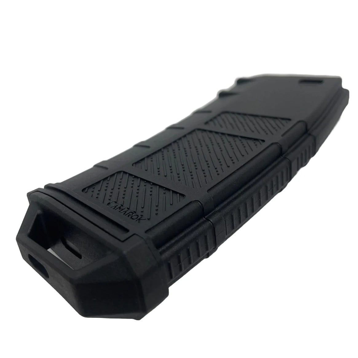 Black airsoft magazine on a white background, bottom view