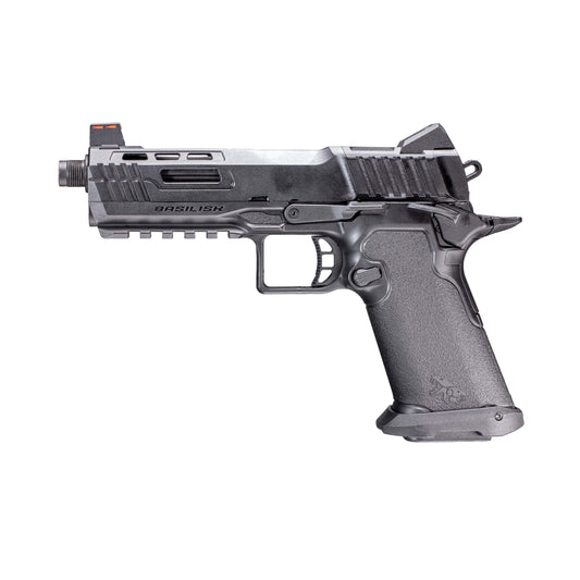 A semi-automatic airsoft pistol, identified as a Kizuna Works Basilisk shown in profile against a solid white background, barrel facing left.