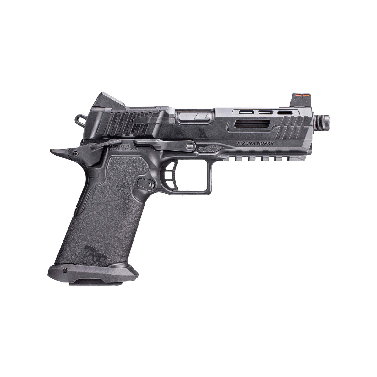 A semi-automatic airsoft pistol, identified as a Kizuna Works Basilisk shown in profile against a solid white background, barrel facing right.