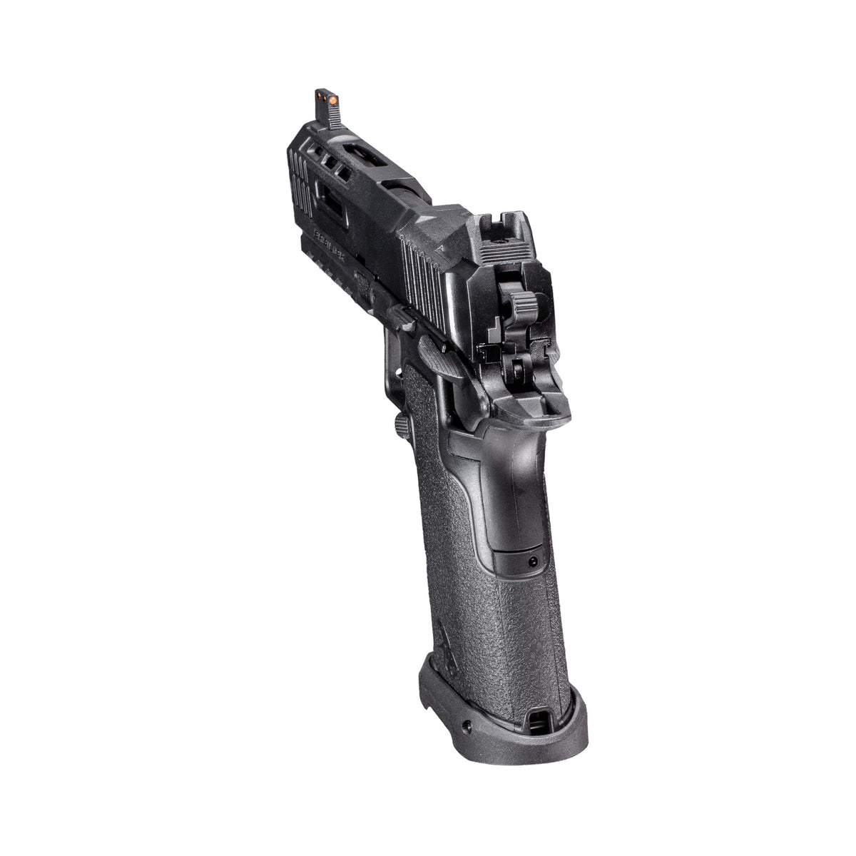 A semi-automatic airsoft pistol, identified as a Kizuna Works Basilisk shown in profile against a solid white background, back angle view.