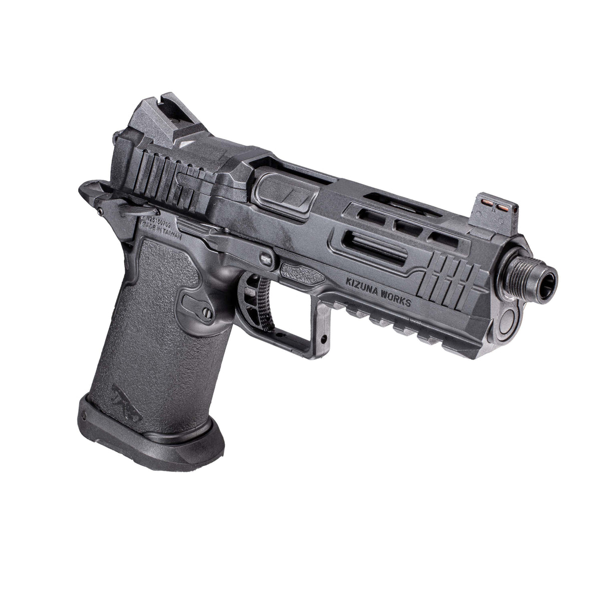 A semi-automatic airsoft pistol, identified as a Kizuna Works Basilisk shown in profile against a solid white background, top left view.