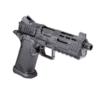 A semi-automatic airsoft pistol, identified as a Kizuna Works Basilisk shown in profile against a solid white background, top left view.