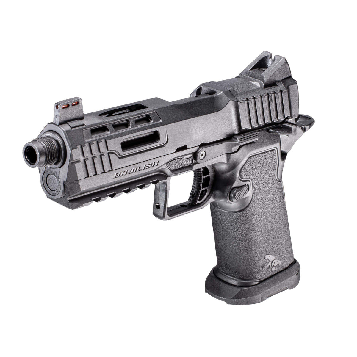 A semi-automatic airsoft pistol, identified as a Kizuna Works Basilisk shown in profile against a solid white background, top right view.