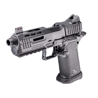 A semi-automatic airsoft pistol, identified as a Kizuna Works Basilisk shown in profile against a solid white background, top right view.