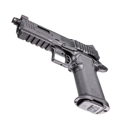 A semi-automatic airsoft pistol, identified as a Kizuna Works Basilisk shown in profile against a solid white background, bottom view.