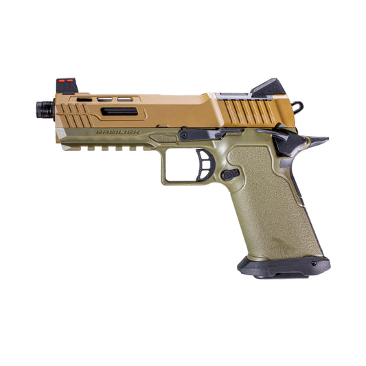 A semi-automatic airsoft pistol, identified as a Kizuna Works Basilisk shown in profile against a solid white background, barrel facing left.