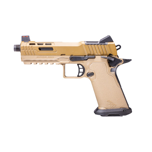 A semi-automatic airsoft pistol, identified as a Kizuna Works Basilisk shown in profile against a solid white background, barrel facing left.