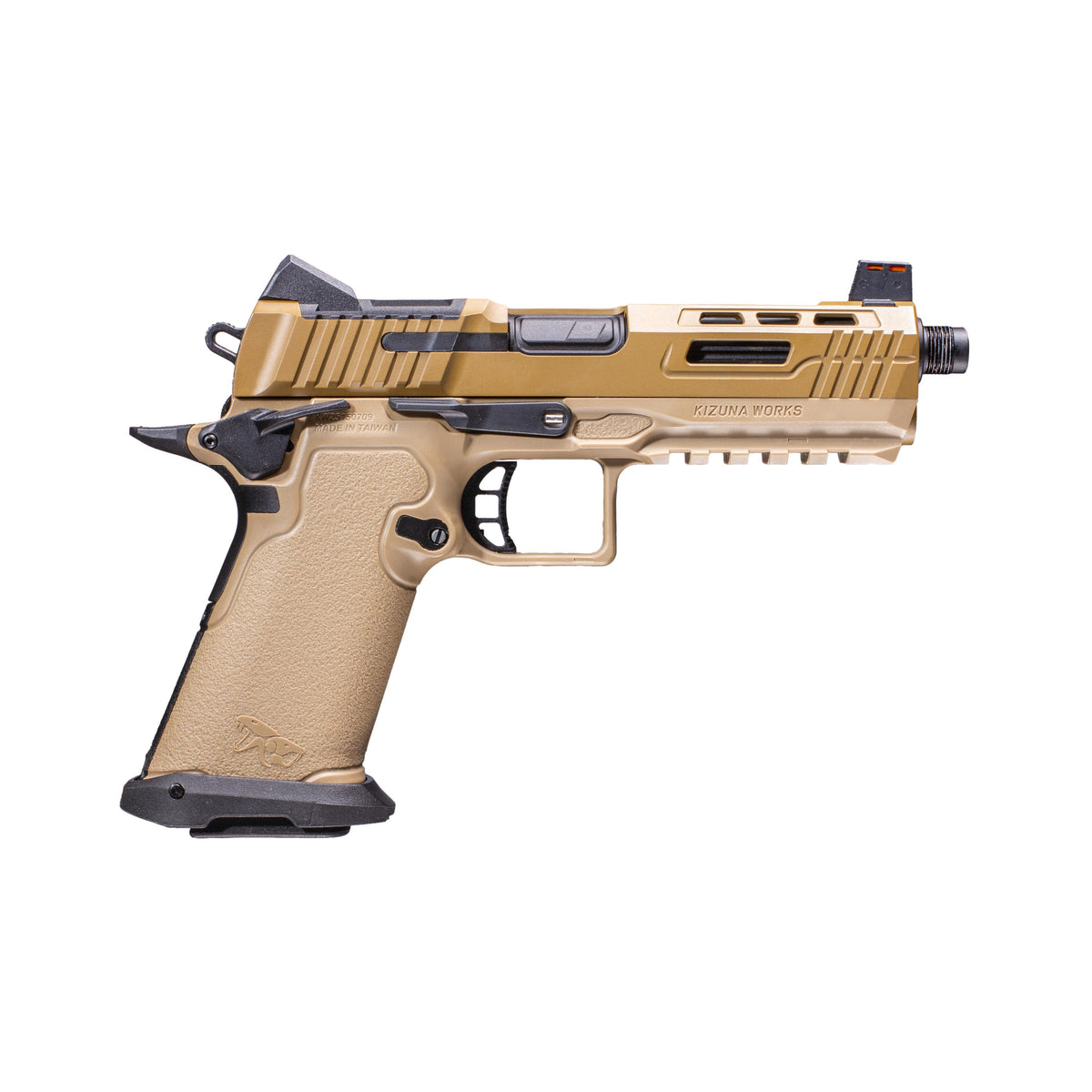 A semi-automatic airsoft pistol, identified as a Kizuna Works Basilisk shown in profile against a solid white background, barrel facing right.