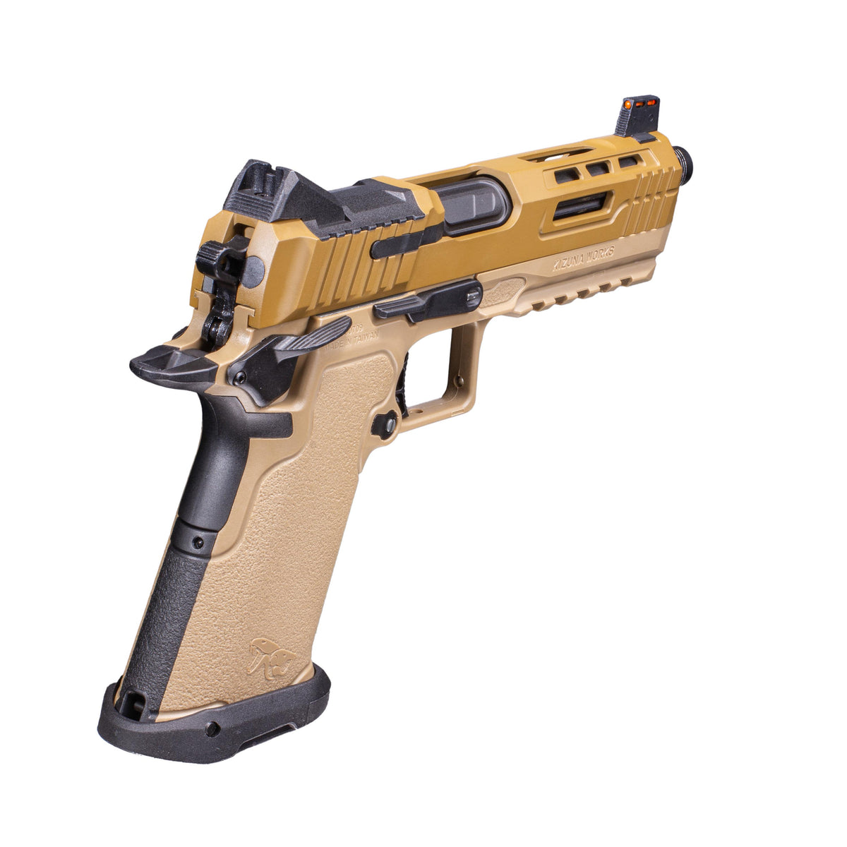 A semi-automatic airsoft pistol, identified as a Kizuna Works Basilisk shown in profile against a solid white background, right angle back view.