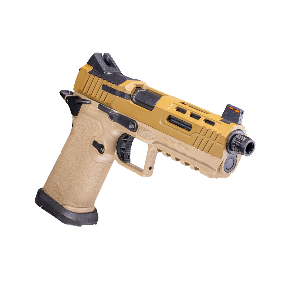 A semi-automatic airsoft pistol, identified as a Kizuna Works Basilisk shown in profile against a solid white background, top right view.