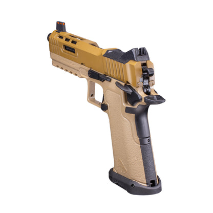 A semi-automatic airsoft pistol, identified as a Kizuna Works Basilisk shown in profile against a solid white background, left angle back view.