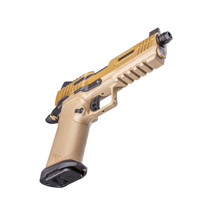 A semi-automatic airsoft pistol, identified as a Kizuna Works Basilisk shown in profile against a solid white background, bottom view.