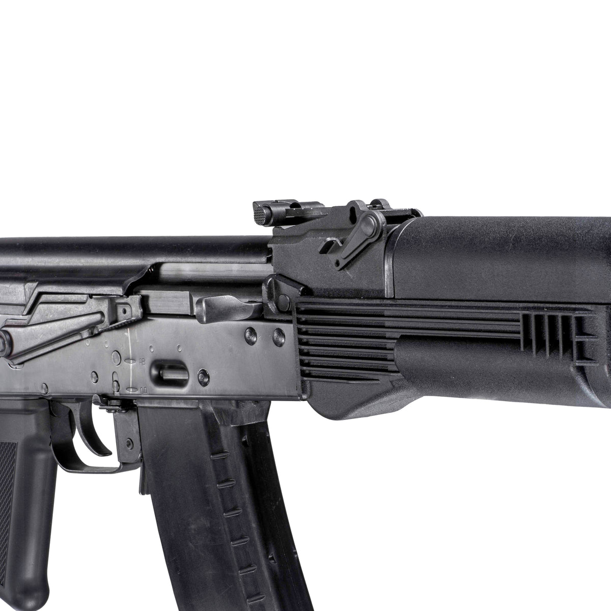 GHK AK105 V3 GBB gas blowback airsoft rifle dual-pressure point HOP system, front sight close-up.