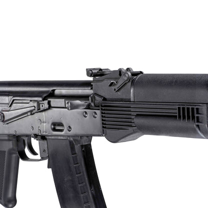 GHK AK105 V3 GBB gas blowback airsoft rifle dual-pressure point HOP system, front sight close-up.