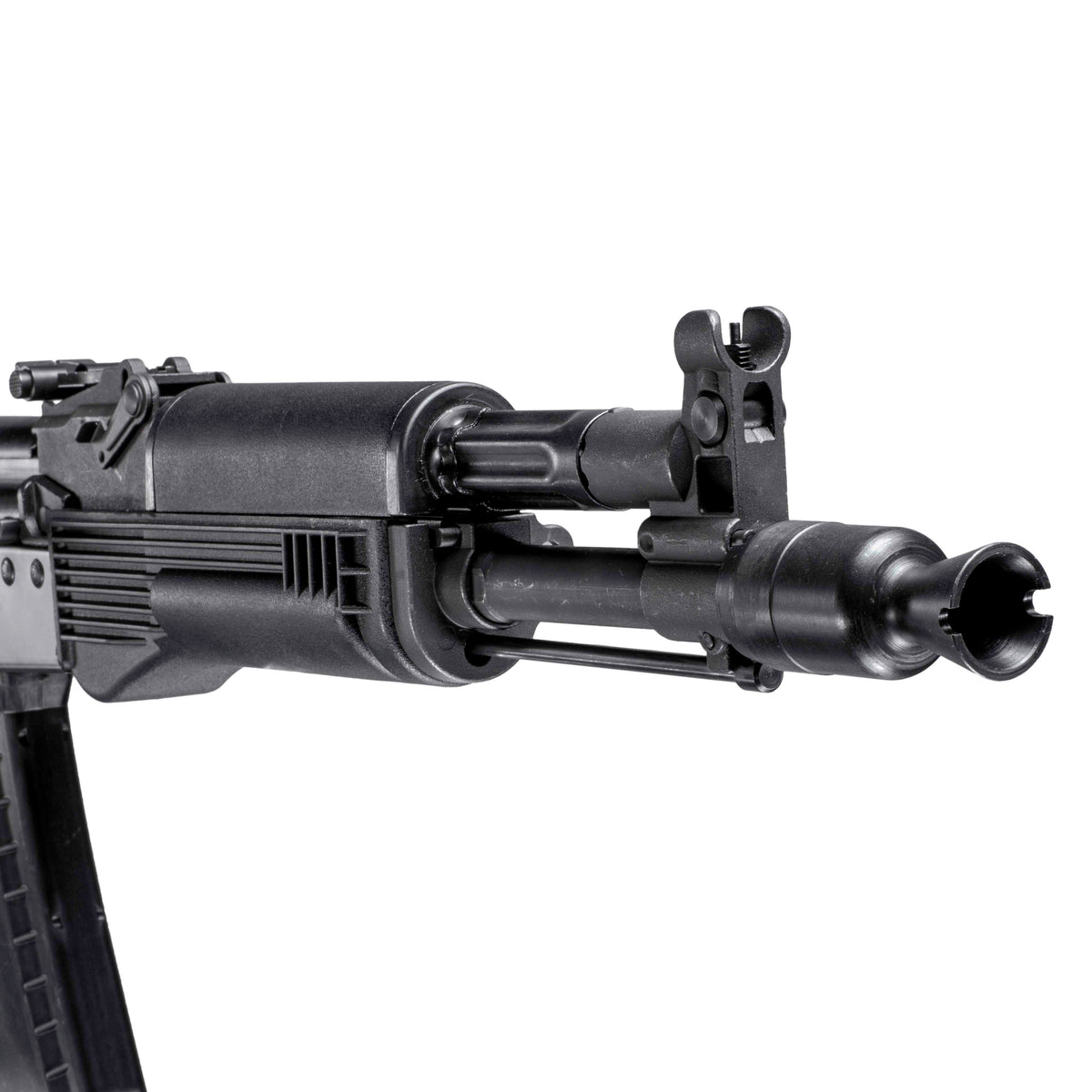 GHK AK105 V3 GBB gas blowback airsoft rifle with threaded locking steel outer barrel, flash hider and front handguard close-up.