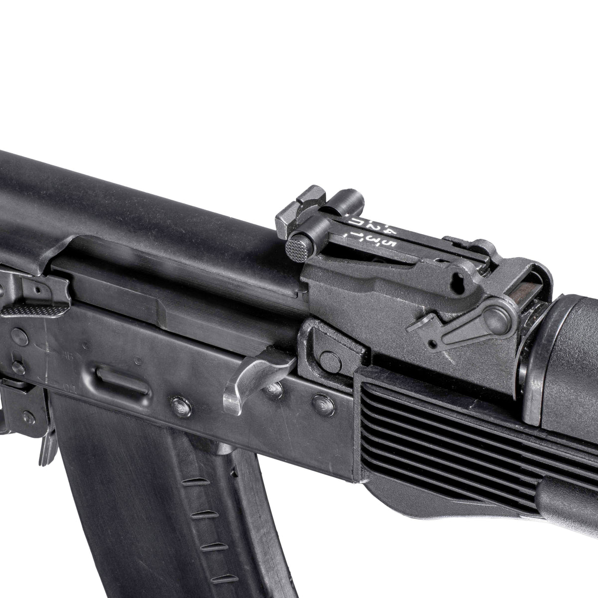 GHK AK105 V3 GBB gas blowback airsoft rifle with CNC bolt carrier group, top receiver close-up.