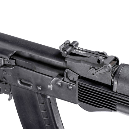 GHK AK105 V3 GBB gas blowback airsoft rifle with CNC bolt carrier group, top receiver close-up.