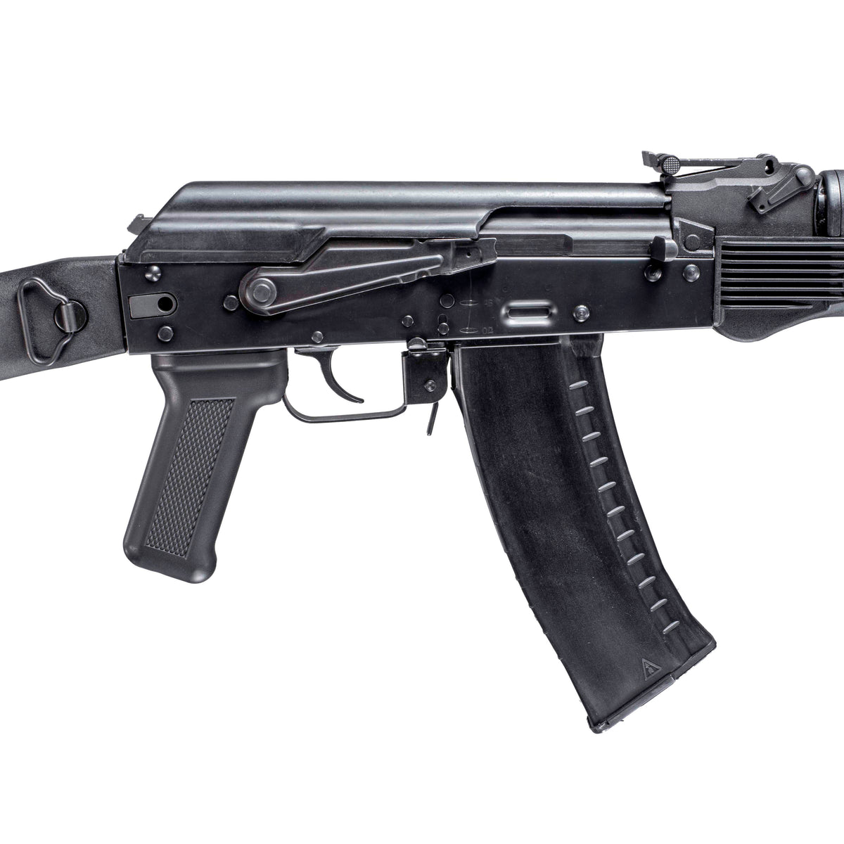 GHK AK105 V3 GBB gas blowback airsoft rifle folding stock, rear stock close-up.