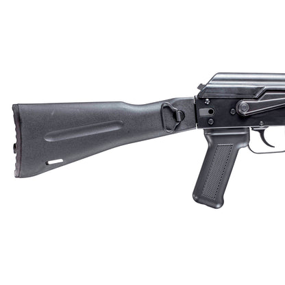 GHK AK105 V3 GBB gas blowback airsoft rifle with AK100 style side mount, stock close-up.