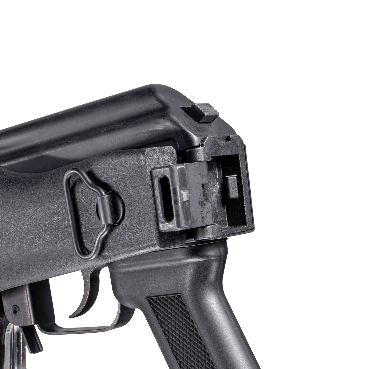 GHK AK105 V3 GBB gas blowback airsoft rifle with QPQ surface treatment, left Folding stock close-up.

