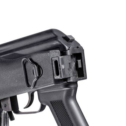 GHK AK105 V3 GBB gas blowback airsoft rifle with QPQ surface treatment, left Folding stock close-up.

