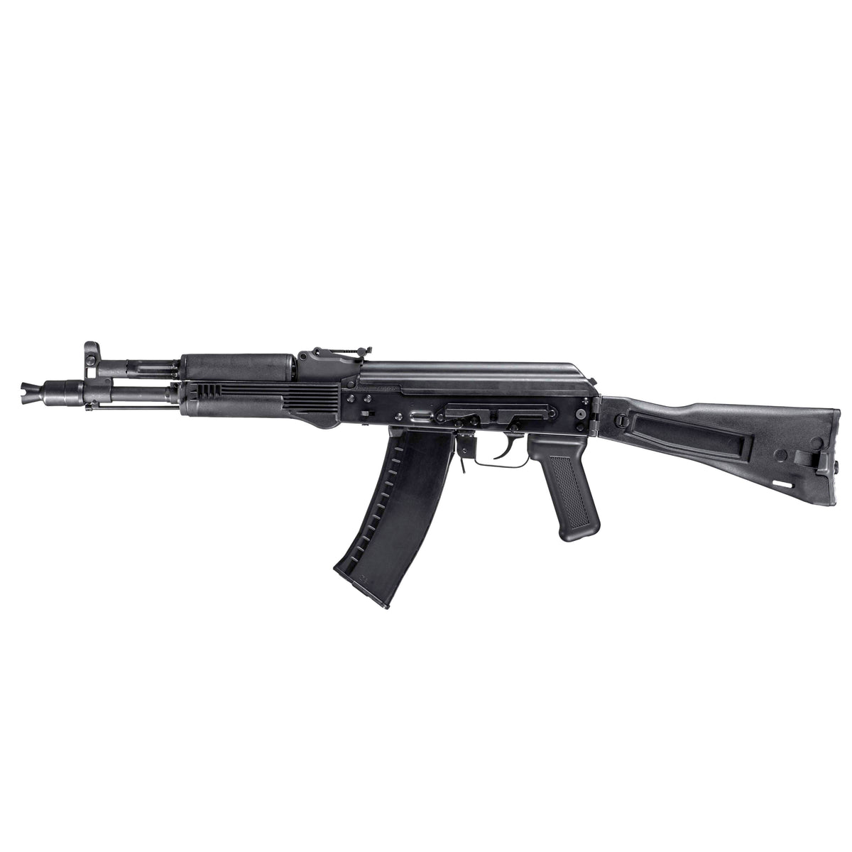 GHK AK105 V3 GBB gas blowback airsoft rifle with folding stock, left side view.