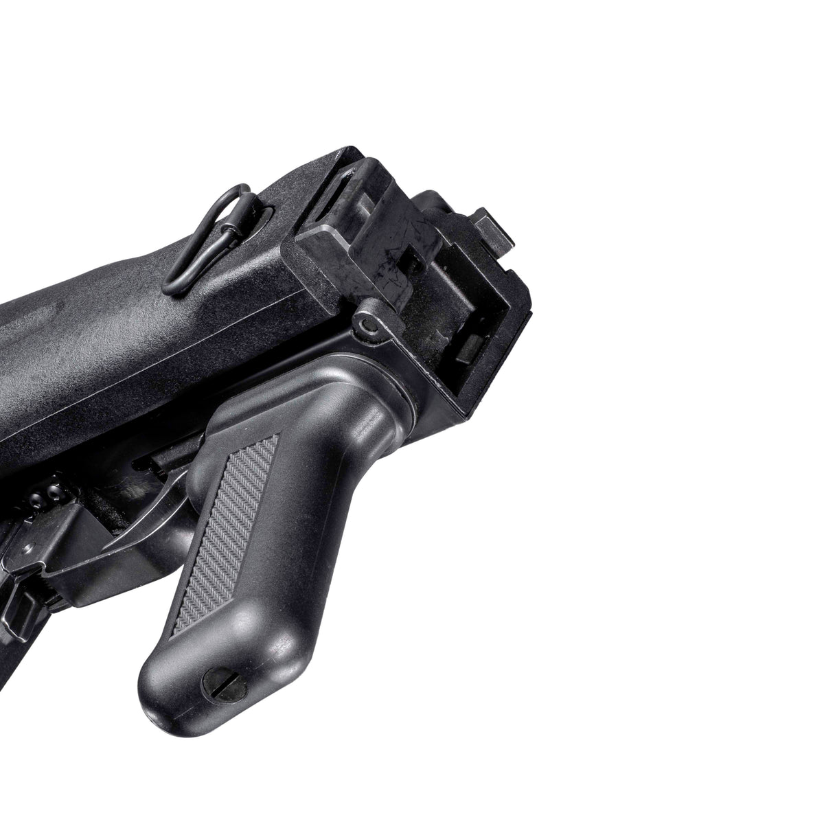 GHK AK105 V3 GBB gas blowback airsoft rifle ergonomic grip, Stock folding details grip close-up.